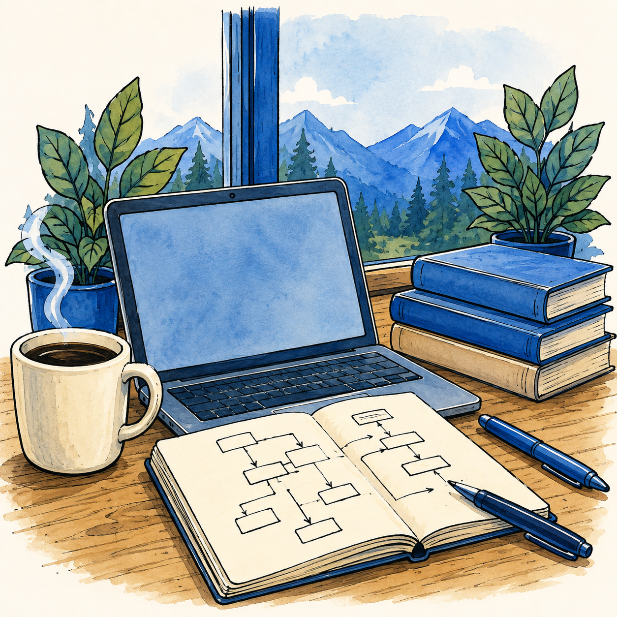 An illustrated builder’s desk with a laptop, notebook, coffee, and a mountain view